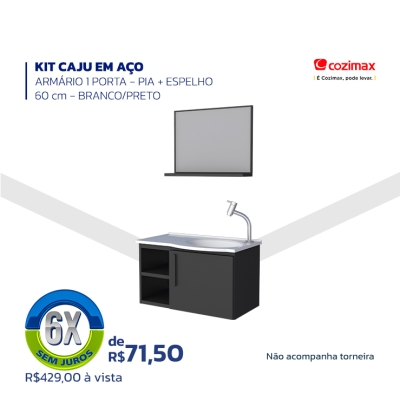 KIT CAJU EM AÇO - ARMÁRIO 1 PORTA - PIU + ESPELHO 60 cm - BRANCO/PRETO - COZIMAX