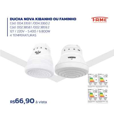 DUCHA NOVA KIBANHO OU FAMINHO - Cód. 004.3359.1 / 004.3360.2/ Cód. 002.3858.1 / 002.3859.2 127 / 220V - 5.400 / 6.800W - 4 TEMPERATURAS