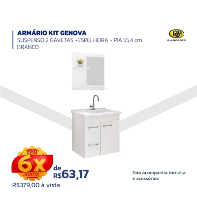 ARMÁRIO KIT GENOVA - SUSPENSO 2 GAVETAS + ESPELHEIRA + PIA 55,4 cm BRANCO - Não acompanha torneira e acessórios