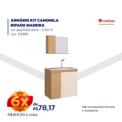 ARMÁRIO KIT CAMOMILA RIPADO MADEIRA - cor jequitibá areia - 0,60 m cód. 102882 - Não acompanha torneira e acessórios