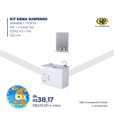 KIT SIENA SUSPENSO - ARMÁRIO 1 PORTA, PIA + 2 GAVETAS, ESPELOHO + PIA - 55,5cm - A.J RORATO