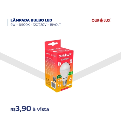 LÂMPADA BULBO LED - 9W - 6.500K - 127/220V - BIVOLT - OUROLUX