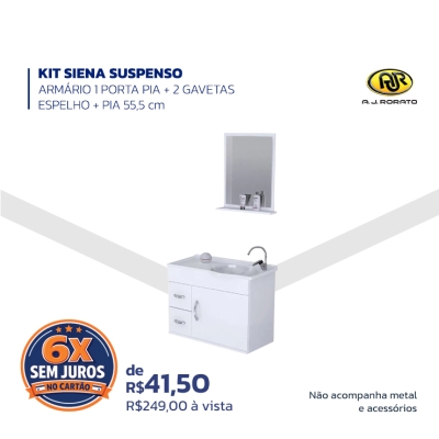 KIT SIENA SUSPENSO ARMÁRIO 1 PORTA PIA + 2 GAVETAS ESPELHO + PIA 55,5 cm - A.J. Rorato - Não acompanha metal e acessórios