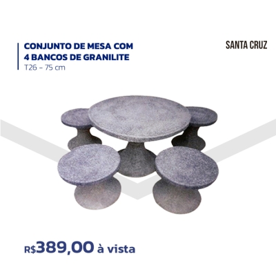 CONJUNTO DE MESA COM 4 BANCOS DE GRANILITE - T26 - 75 CM - SANTA CRUZ