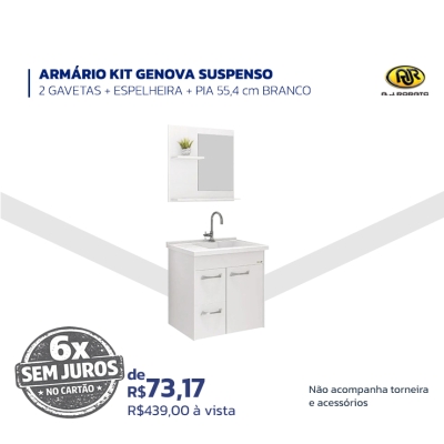  ARMÁRIO KIT GENOVA SUSPENSO - 2 GAVETAS + ESPELHEIRA + PIA 55,4 cm BRANCO - AJ Rorato